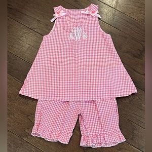 Girls’ Pink & White Plaid Sleeveless 2-Piece Set with Monogram, Size S